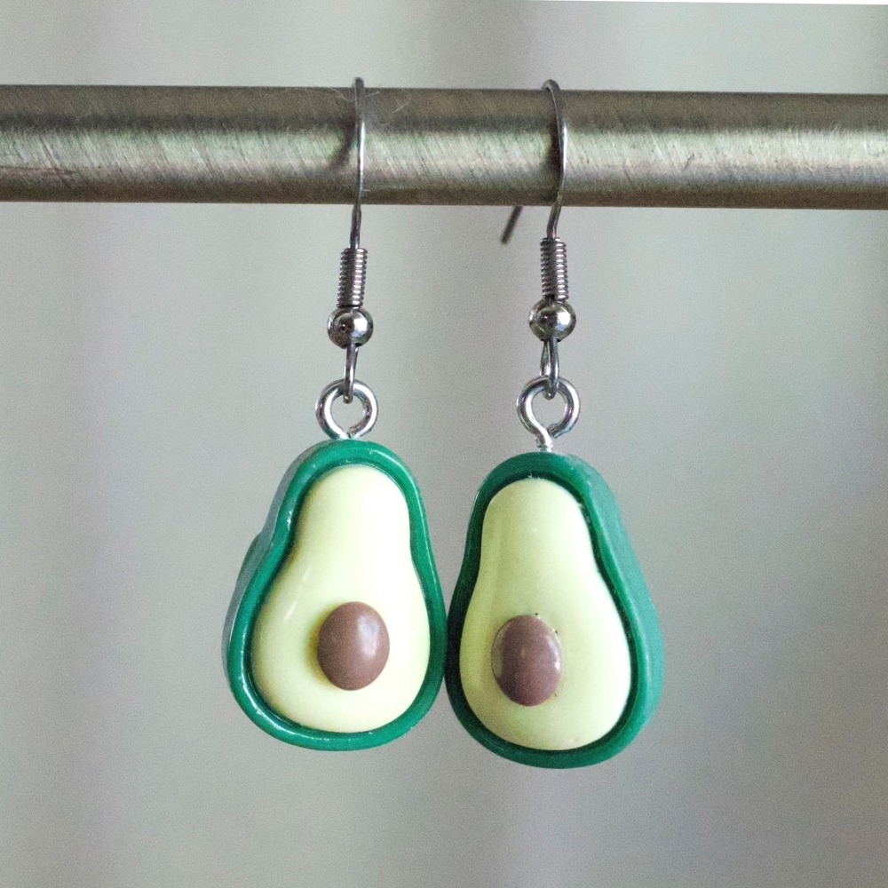 Green Avocado Drop Earrings Fruit Food Dangle Silver Tone Fishhook Novelty